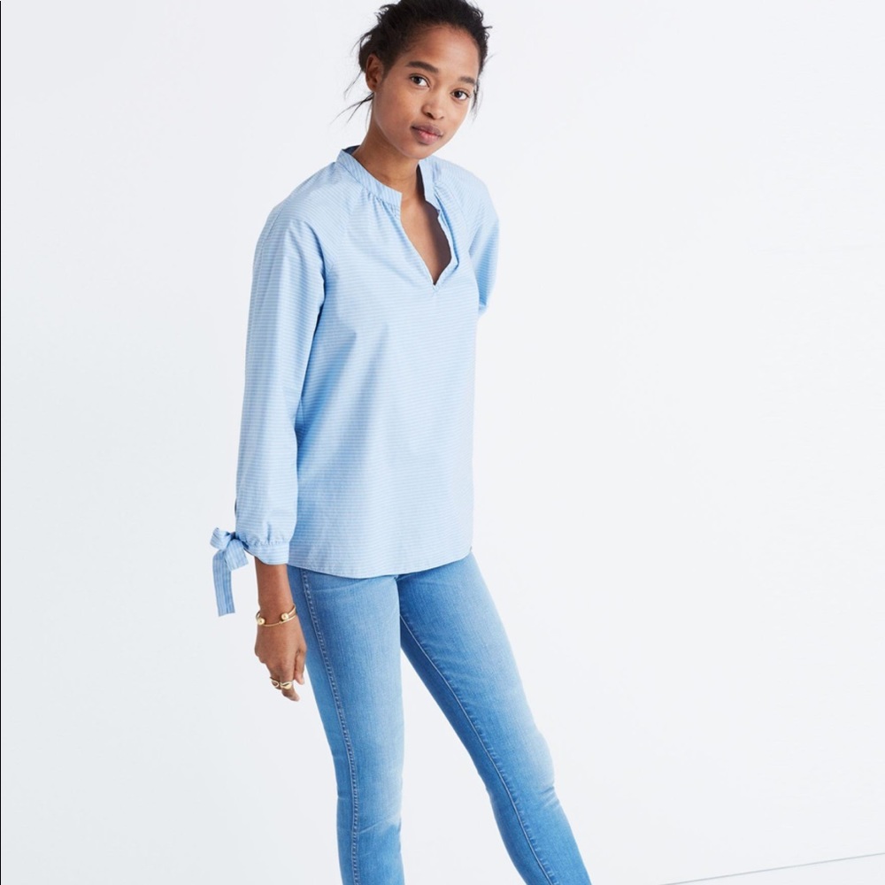 MADEWELL Striped Tie Sleeve Popover Top Size XS